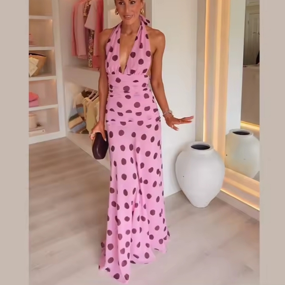 Dresses & Skirts - Polka Dot Printing Halter Maxi Dress WomenElegant Sleeveless Backless Skinny